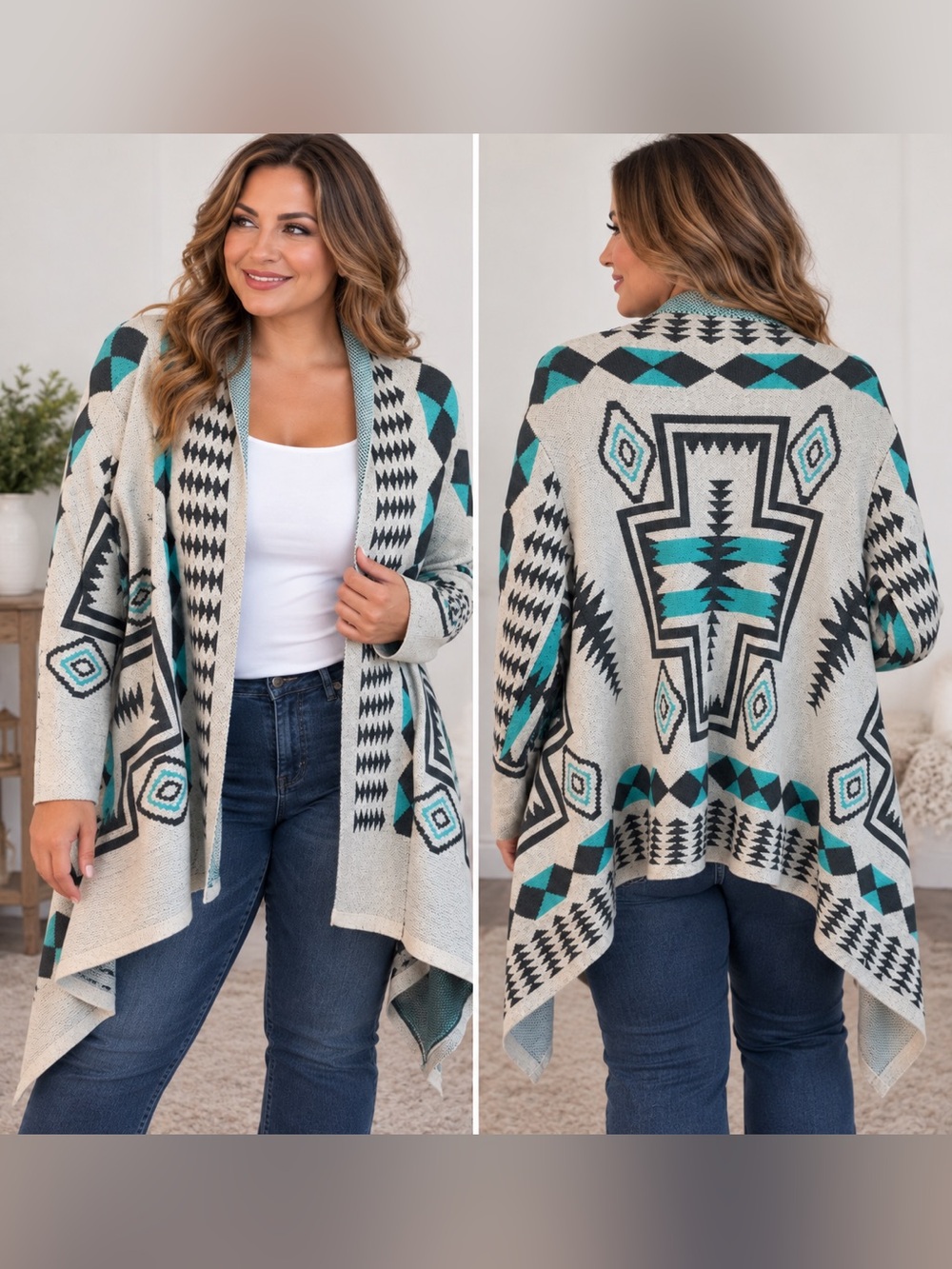 Source Unknown Aztec Open-Front Knit Cardigan - Cream, Teal, Black